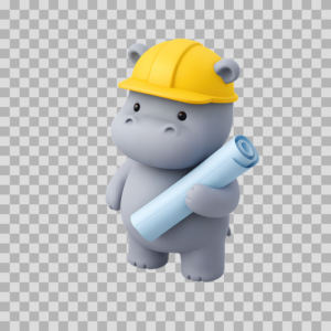 3D Cute Hippo Wearing Hard Hat with Blueprint Free PNG