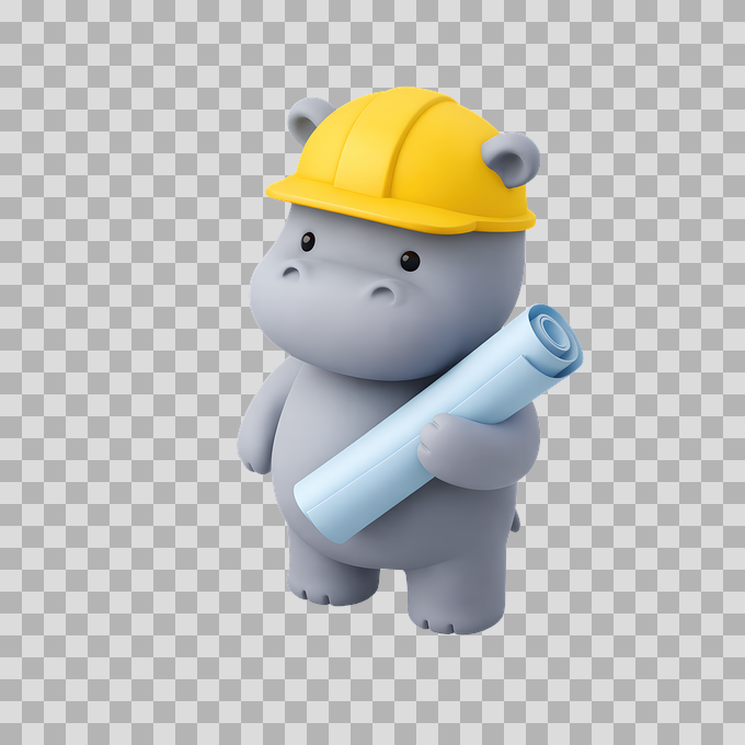 3D Cute Hippo Wearing Hard Hat with Blueprint Free PNG mockup