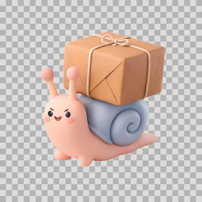 3D Cute Kawaii Snail Carrying Package Free PNG mockup