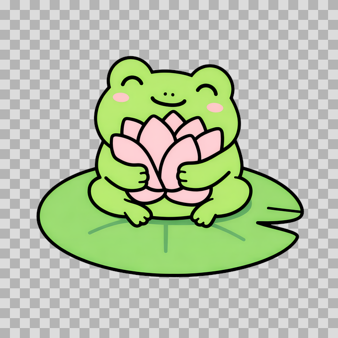 Cute Frog Holding Pink Lotus Flower Free PNG mockup