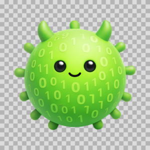 Cute Green Virus Character with Binary Code Free PNG