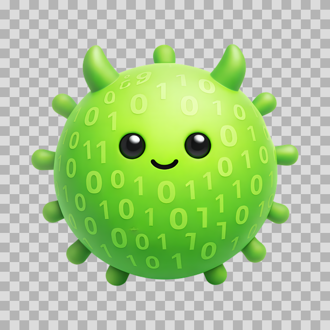 Cute Green Virus Character with Binary Code Free PNG mockup