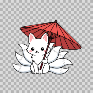 Cute White Fox with Red Umbrella Free PNG