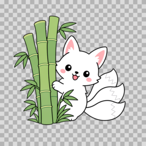 Cute White Kitsune Fox with Bamboo Free PNG