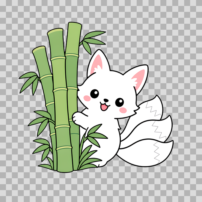 Cute White Kitsune Fox with Bamboo Free PNG mockup