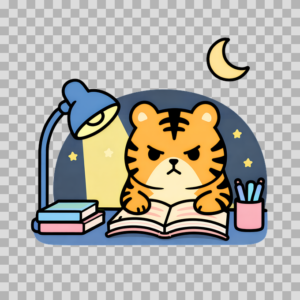 Tiger Student Reading at Night Desk Free PNG
