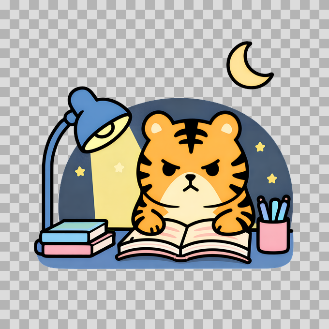Tiger Student Reading at Night Desk Free PNG mockup