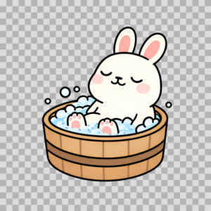 Cute Bunny Taking Bath in Wooden Tub Free PNG