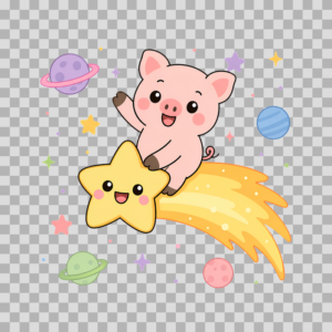 Cute Pig and Star in Space Galaxy Free PNG