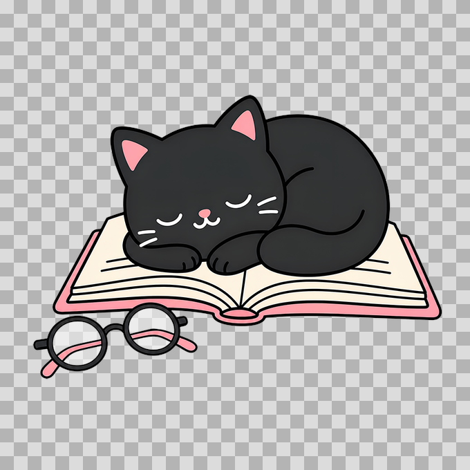 Cute Black Cat Reading Book - Free PNG mockup